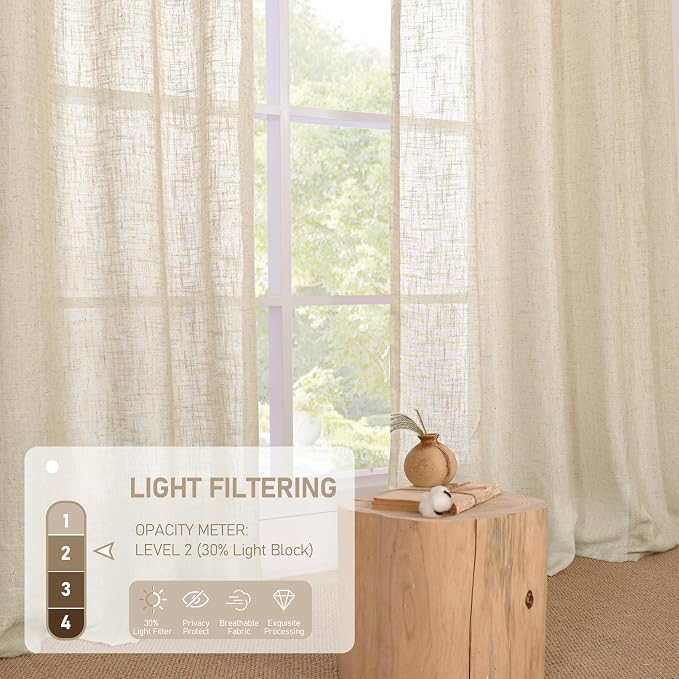 Linen Curtains 63 inch Length for Living Room, Flax Textured Light Filtering - Image 4