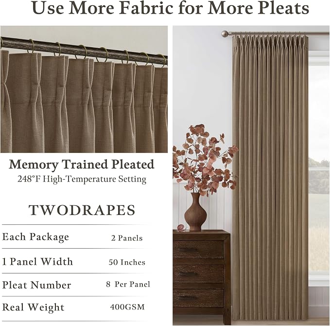 90 Inch Pinch Pleated Dark Brown Memory Shape Linen Semi Sheer Curtains 50W | - Image 7