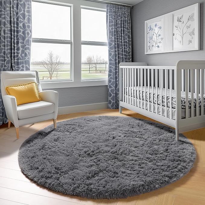 Grey Round Rugs 7ft for Living Room, Fluffy Bedroom Circle Area Rug, Soft Plush - Image 9