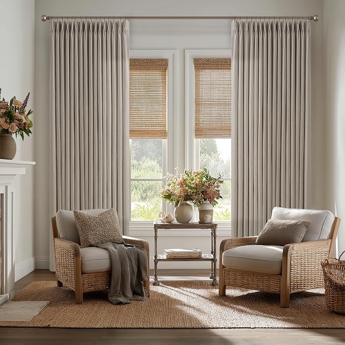 Pinch Pleated Burlywood Thick Linen Semi Sheer Curtains 108 Inches Length | - Image 7