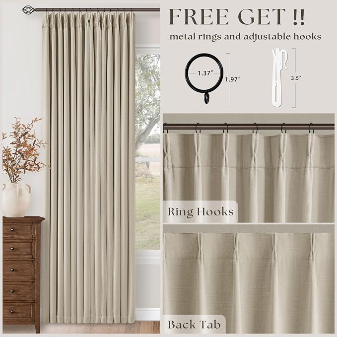 Oatmeal Pinch Pleated Blackout 90 Inch Curtains 70 Inch Wide Dual Layer | Pinch - Image 4