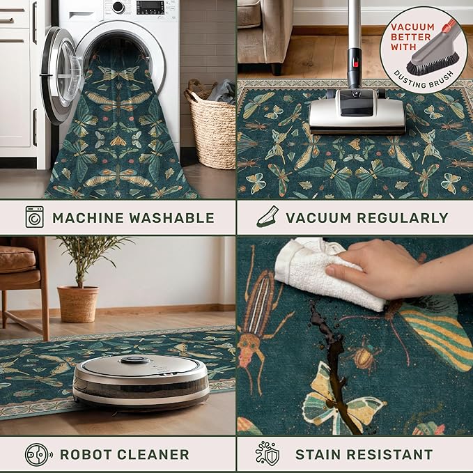 Washable Teal Round Rug 6ft, Non Slip Boho Carpet - Image 5