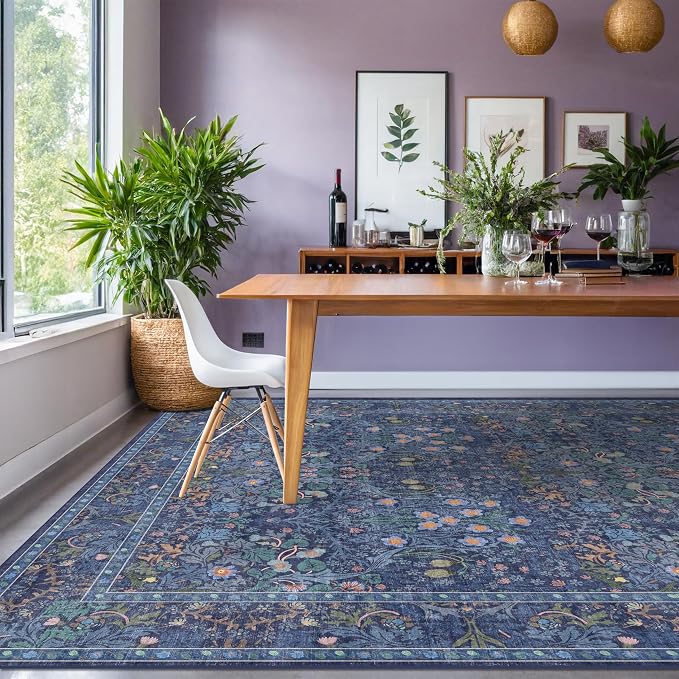 Vintage Dark Blue Living Room Rug, 7x10 Washable Large Area Rugs - Image 3