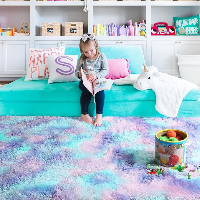 Plush Rainbow Mermaid Rugs for Bedroom Girls, 6x9 Soft Purple Shag Area Rugs - Image 9