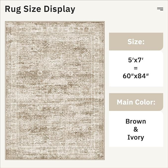 Soalmost 5x7 Area Rugs Brown Low Pile Washable Trendy Faded Style Rug | Vintage - Image 5