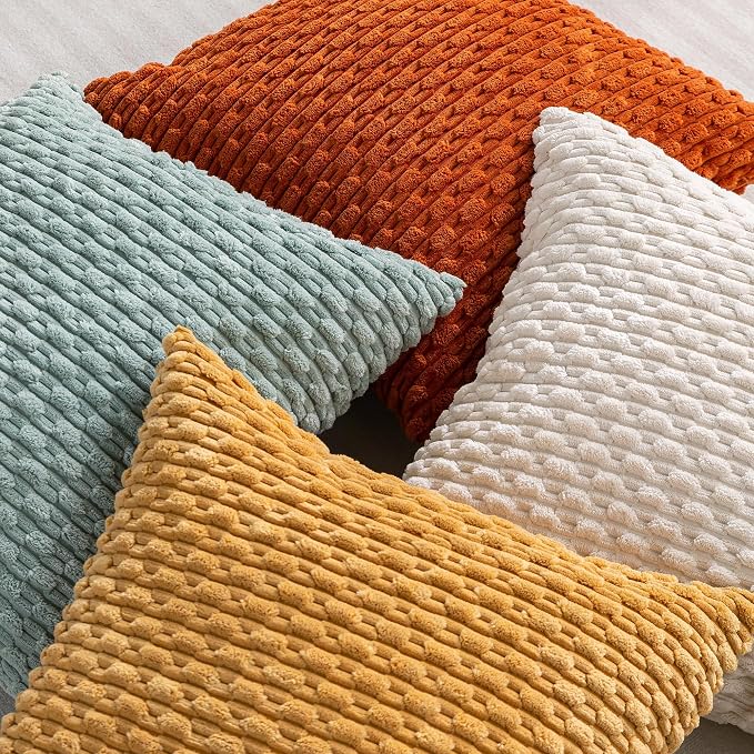 Set of 4 Yellow Rust Aqua Decorative Throw Pillow Covers 18x18 Inch Corduroy - Image 4