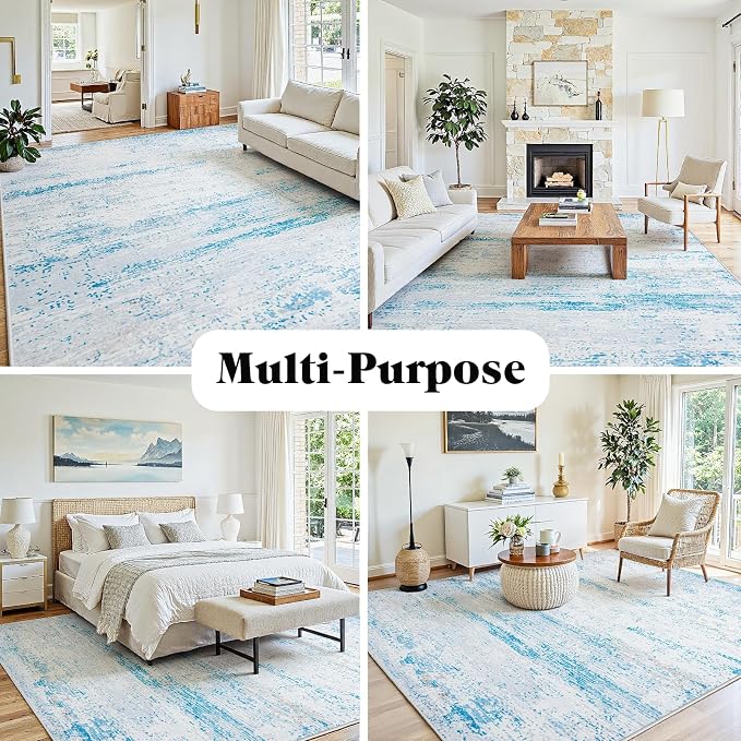 5x7 Washable Area Rug for Living Room Bedroom: Non-Slip Modern Light Blue | - Image 3