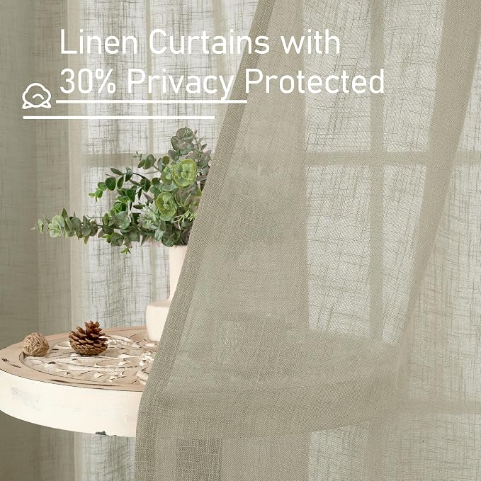 63 Inch Length Linen Sheer Curtains 2 Panels Set, Oatmeal Light Filtering - Image 6