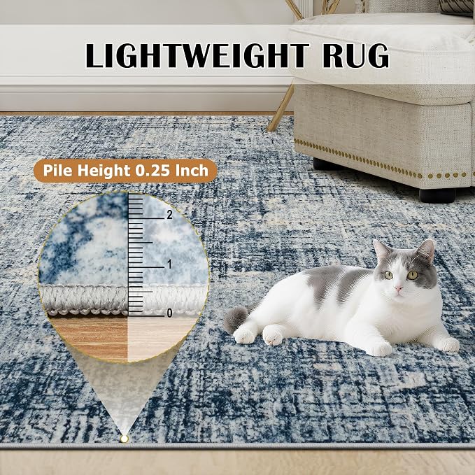9x12 Washable Area Rug for Living Room Bedroom: Non-Slip Modern Blue Gold | - Image 7