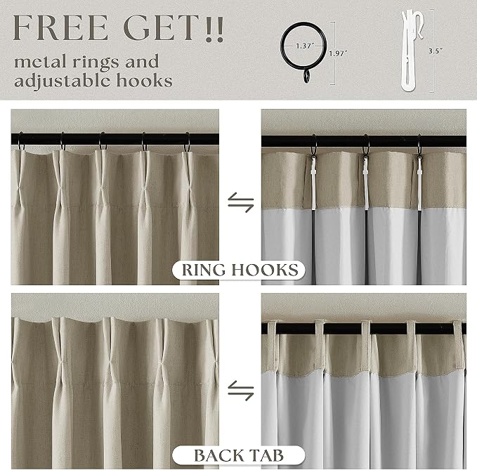 Burlywood Birch Pleated Blackout Linen 102 Inch Long Curtains 60 Inch Wide | - Image 5