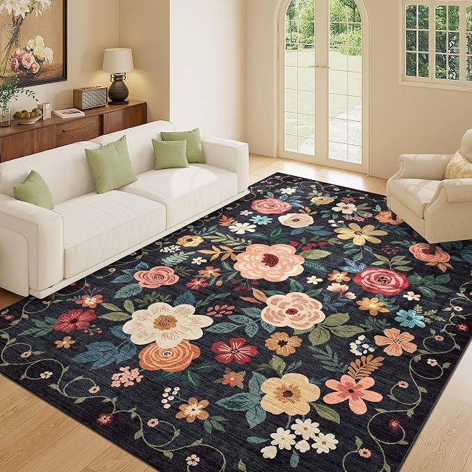 DUKINO 9x12 Area Rug for Living Room, Floral Washable Rug Non Slip, Low Pile - Image 3
