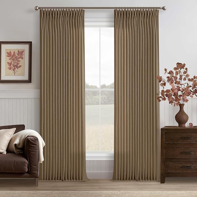 Dutch Cocoa Pleated Thick Linen Semi Sheer Curtains 108 Inch Long 2 Panels | by Twodrapes