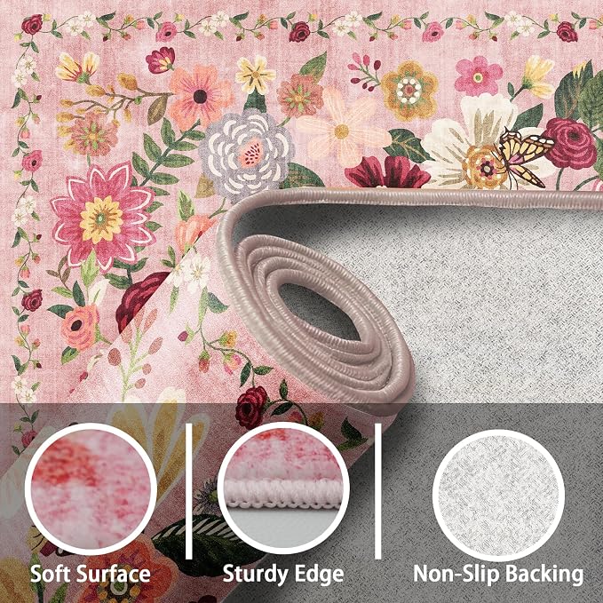 Pink Floral Area Rug 5x7 for Living Room Bedroom | Ultra-Thin; Non Slip; Stain - Image 4