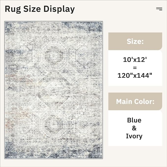Soalmost 10x12 Area Rugs for Living Room Washable Rug Non-Slip Blue/Ivory | - Image 5