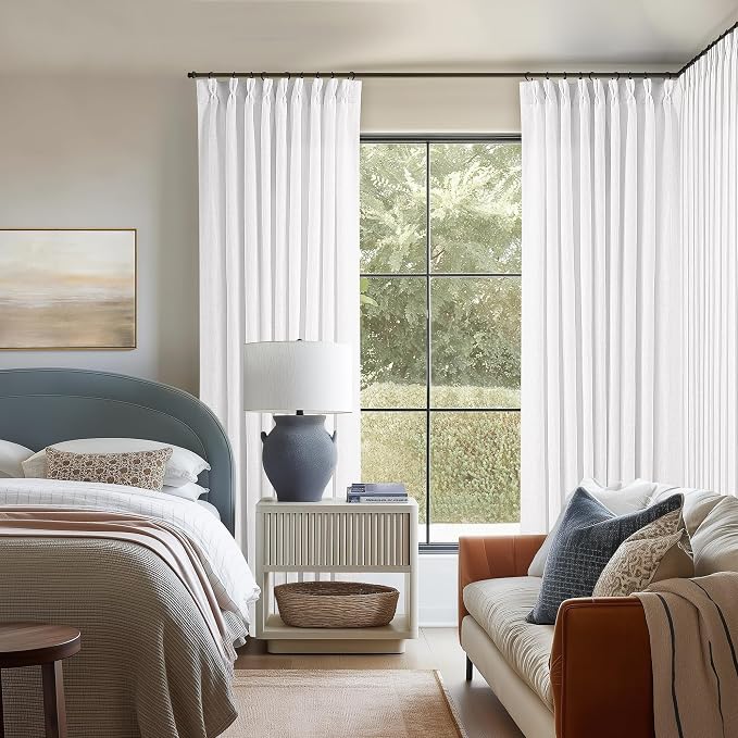 60 Inch Width Curtains 92 Inch White Linen Curtains Pinch Pleated | Linen Blend - Image 7