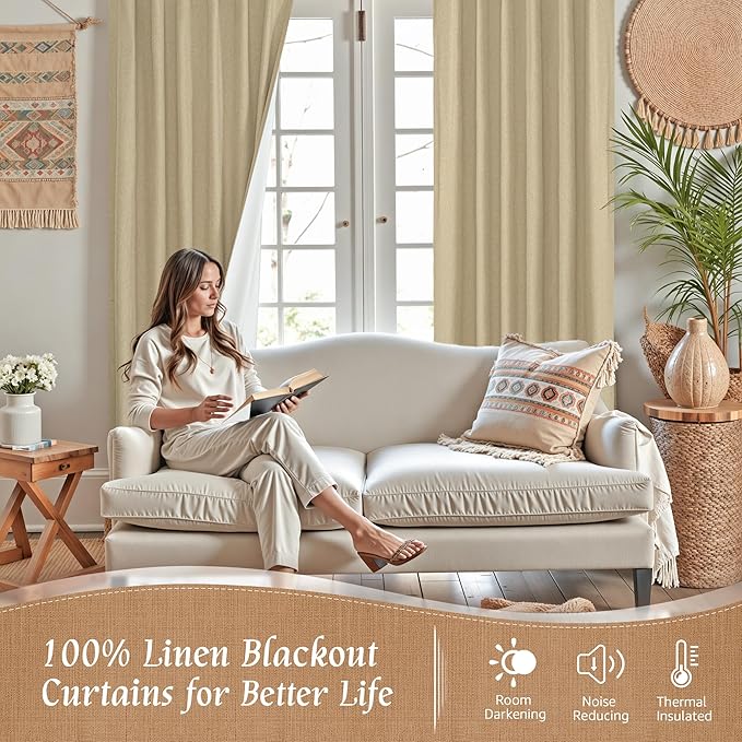 Natural Linen Full Blackout Window Curtains - Image 3