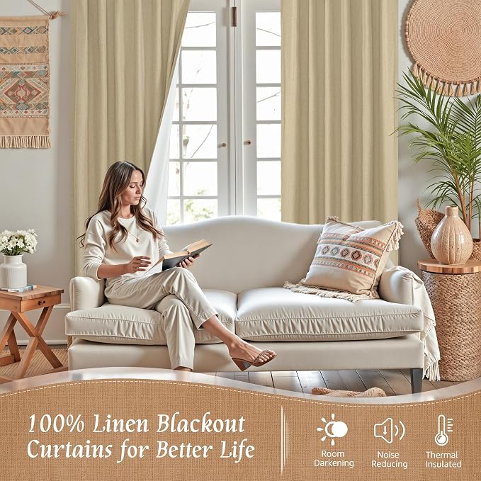 Natural 100% Blackout Linen Curtains 54 Inches - Image 2