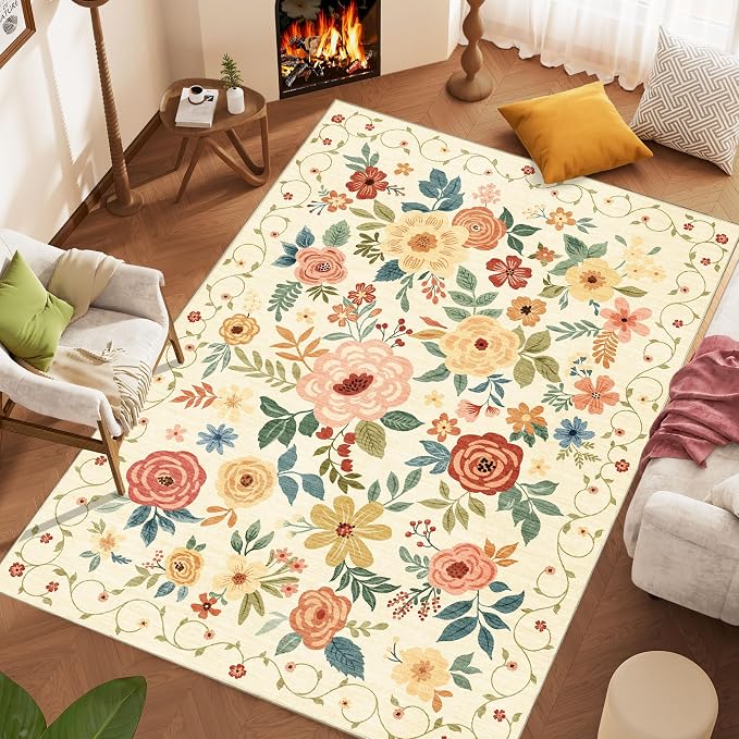 DUKINO 8x10 Area Rug, Floral Washable Living Room Rug Non Slip Beige Yellow | - Image 3