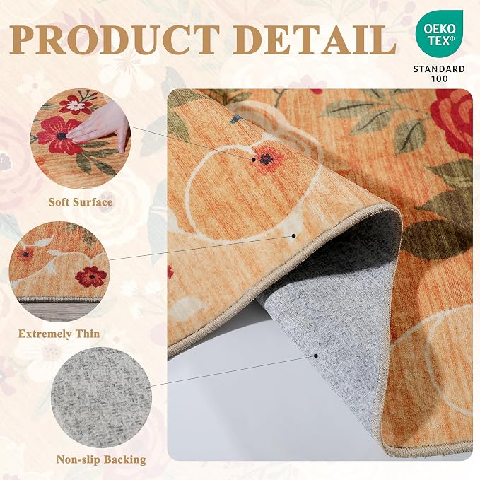 DUKINO 2x10 Runner Rug, Floral Washable Kitchen Runner Rug Non Slip, Low Pile - Image 5