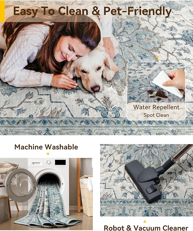 RELEANY Washable Area Rug, Water Repellent, Pet Friendly, Vintage Floral Boho - Image 3