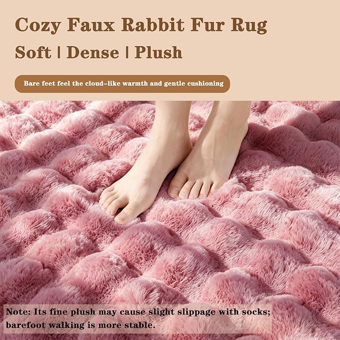 Dusty Rose Rabbit Plush Rug 8'x10', Fluffy Faux Fur Shaggy Area Rug - Image 5