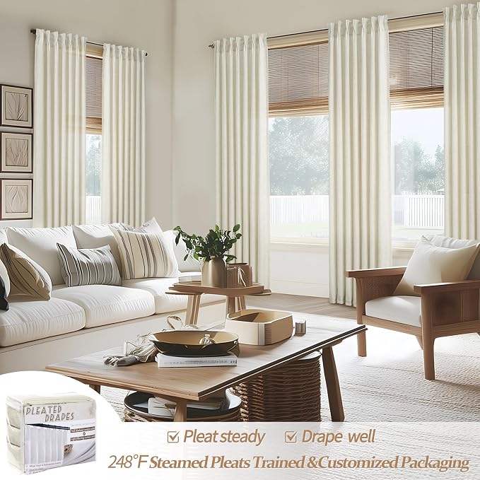 Pinch Pleated Linen Cream Semi Sheer Curtains 96 Inches Long - Image 5