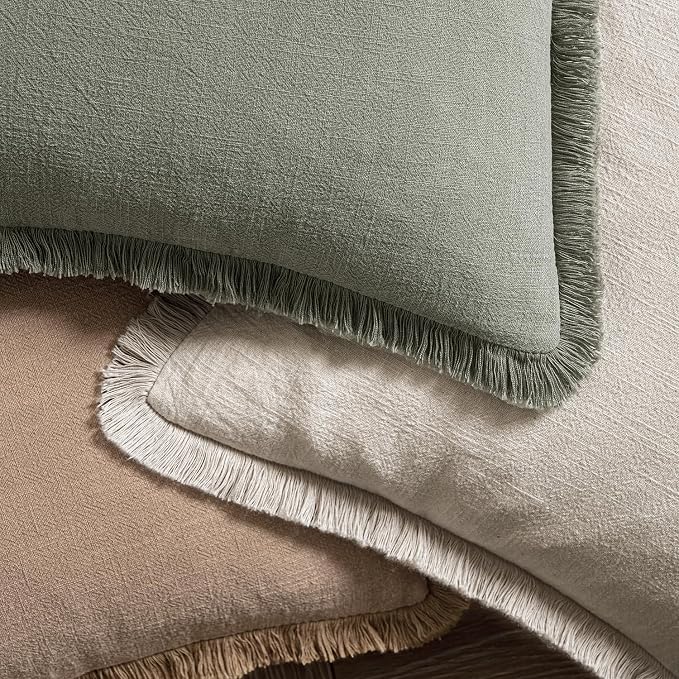 MIULEE Linen Fringe Decorative Throw Pillow Covers Natural Beige 16x16 | Set of - Image 4