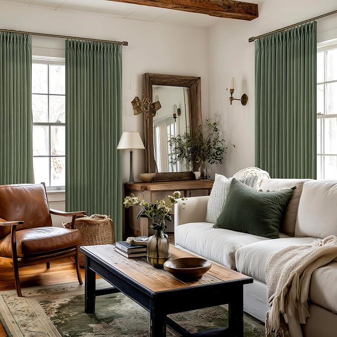 102 Inch Green Linen Blend Semi Sheer Pinch Pleat Memory Shape Curtains 50W | - Image 8