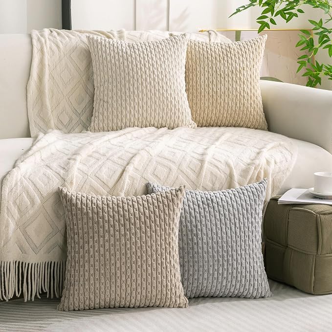Set of 4 Neutral Decorative Throw Pillow Covers 26x26 Inch Corduroy Pillow - Image 9