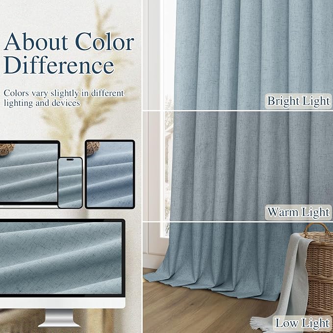 Blue 100% Blackout Linen Curtains 144 Inch Length 2 Panels Set - Image 7