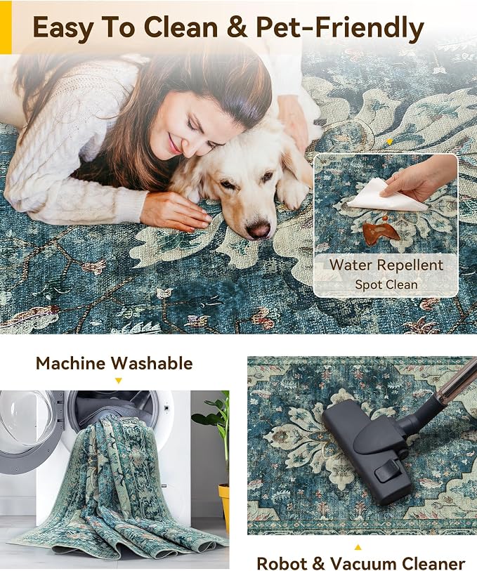 RELEANY Washable Area Rug, Water Repellent, Pet Friendly, Vintage Floral Boho - Image 6