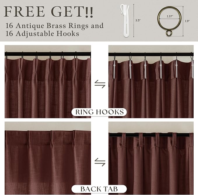 86 Inch Vintage Linen Rust Brown Pleated Semi Sheer Curtains 50 Inch Wide | - Image 5