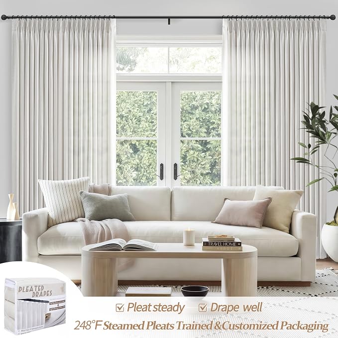 Pinch Pleated Beige White Light Filtering 60 Inch Wide Curtains 96 Inches Long - Image 4