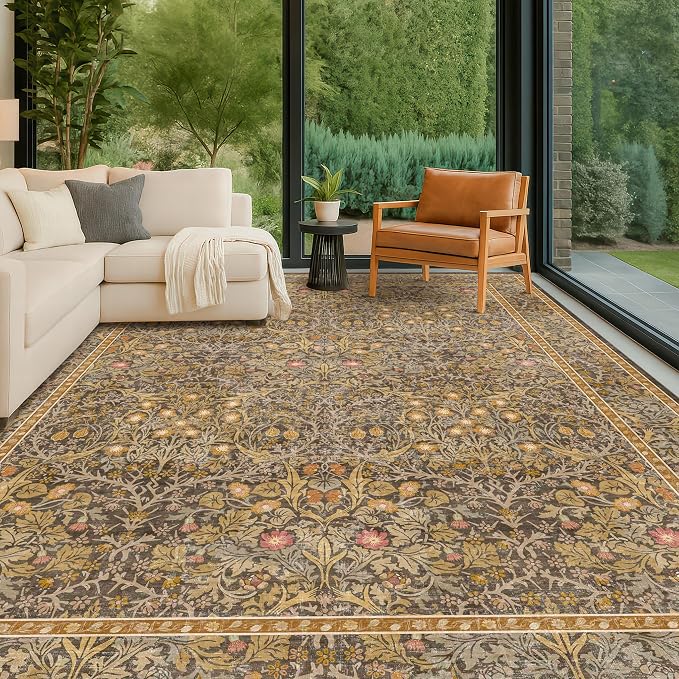 Vintage Gold Brown Living Room Rug, 7x10 Washable Area Rugs by HazoHaus