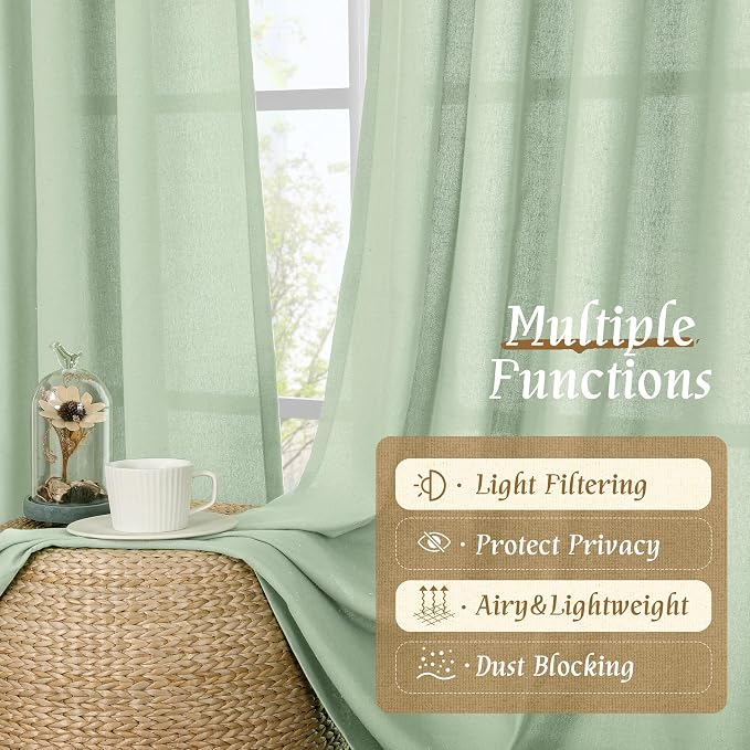 Light Green Linen Window Curtains 63 Inch Length - Image 9