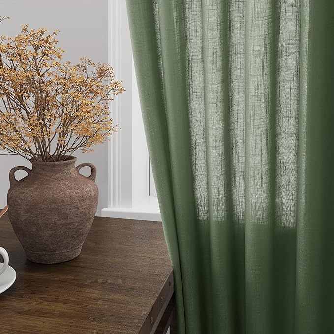 Olive Green Linen Curtains for Living Room 2 Panels Set 95 Inch Length Back Tab - Image 2