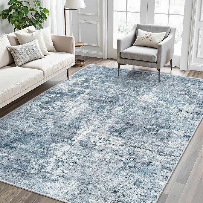 Soalmost Abstract 7x9 Area Rug for Living Room Washable Rugs Blue/Grey | - Image 2