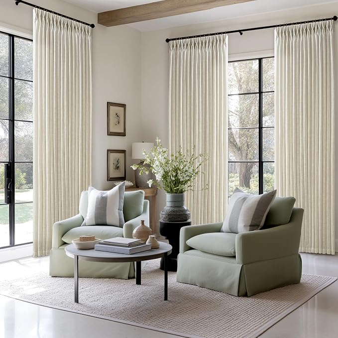 Semi Sheer Flax Linen Beige Pinch Pleated Neutral Curtains 96 Inches Long | - Image 7