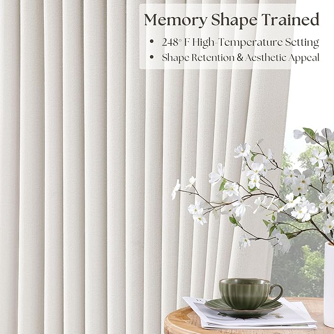 Ivory White Pleated Blackout Curtains 126 Inches Long 2 Panels | Memory Shape - Image 3