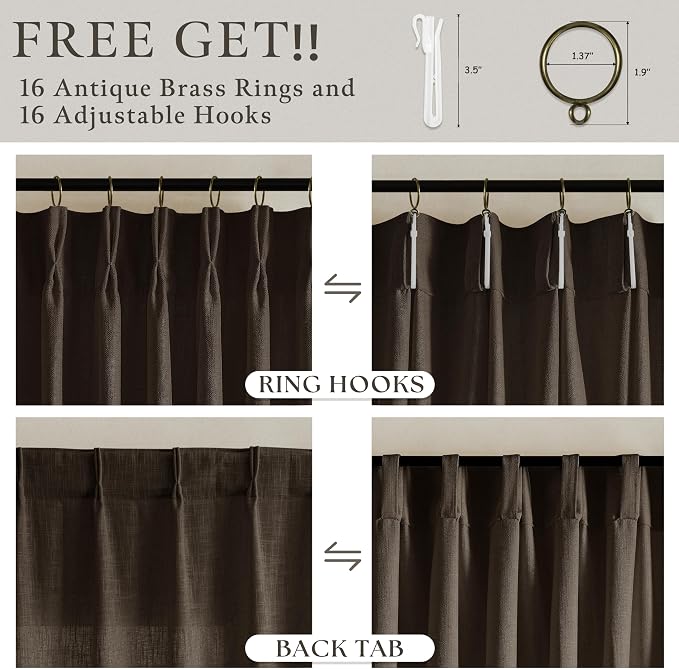 102 Inch Pinch Pleat Linen Dark Brown Semi Sheer Modern Curtains 2 Panels | 102 - Image 6