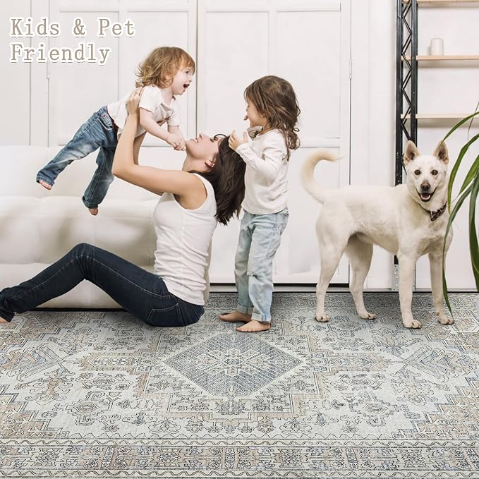 5x7 Washable Area Rugs for Living Room, Dining Room- Retro Taupe | Ultra Soft - Image 4
