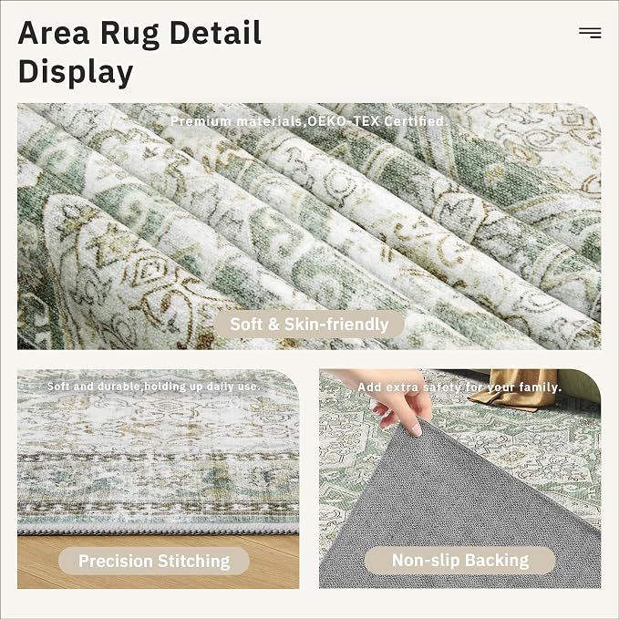 Soalmost 8x10 Area Rugs Large Washable Living Room Rug Non-Slip Green/Brown | - Image 7