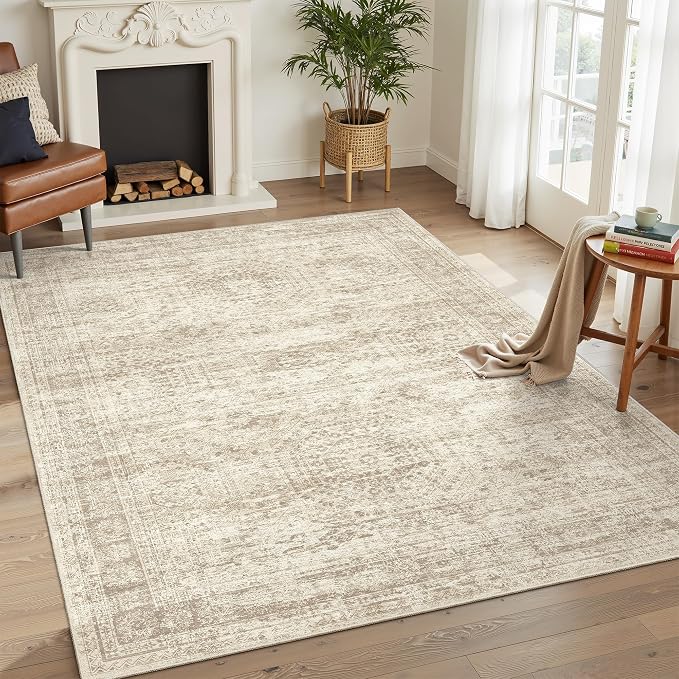 Soalmost 5x7 Area Rugs Beige Low Pile Washable Trendy Faded Style Rug | Vintage - Image 10