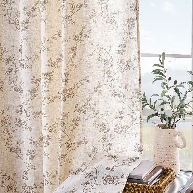Taupe Vintage Floral Linen Curtains Farmhouse 38W X 63L 2 Panels | Elisa Series - Image 5