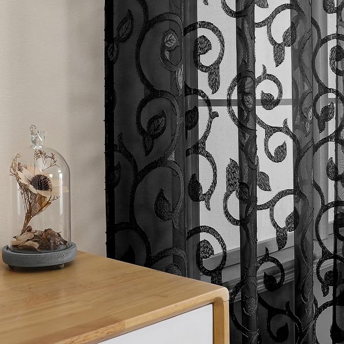 Furman Black Sheer Curtains 72 inches Long 2 Panels Set, Light Filtering Top - Image 2
