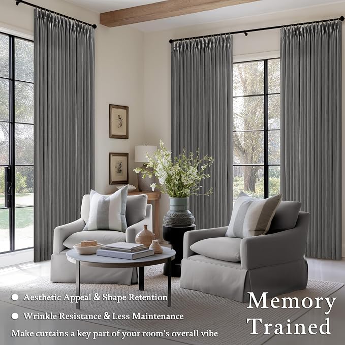Pinch Pleat Flax Linen Semi Sheer Memory Shape Curtains Charcoal Grey 50x84 | - Image 2