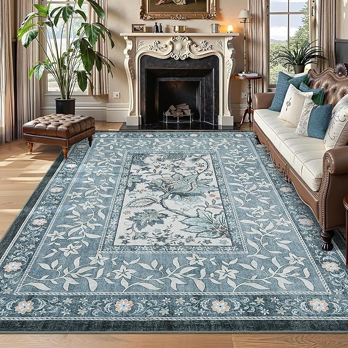 GarveeHome Provence Area Rugs 10x13 Living Room, Botanical Grove Misty Blue by GarveeHome