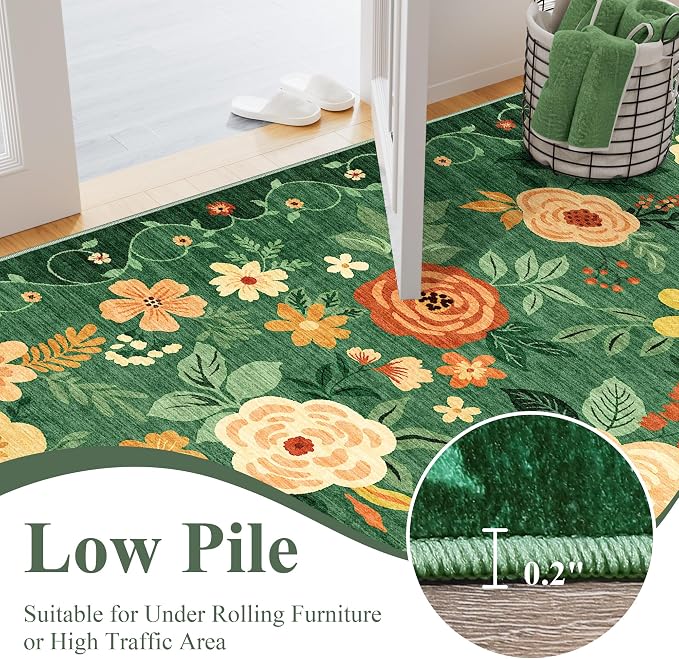 DUKINO 4x6 Area Rug, Floral Washable Office Chair Rug Non Slip, Dark Green | - Image 8