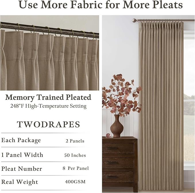 84 Inch Latte Linen Pleated Semi Sheer Vintage Curtains - Image 5