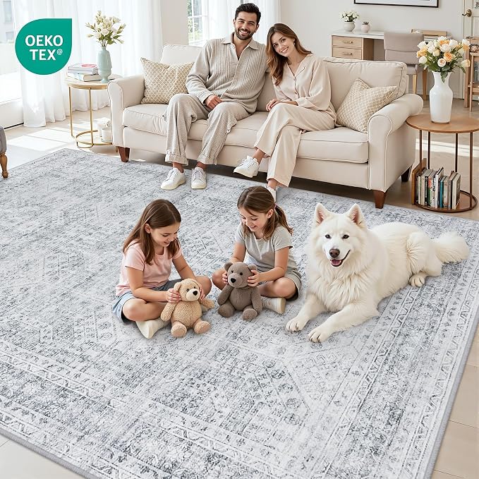 5x7 Area Rugs Living Room: Bedroom Neutral Washable Carpet Gray | Vintage Boho - Image 8